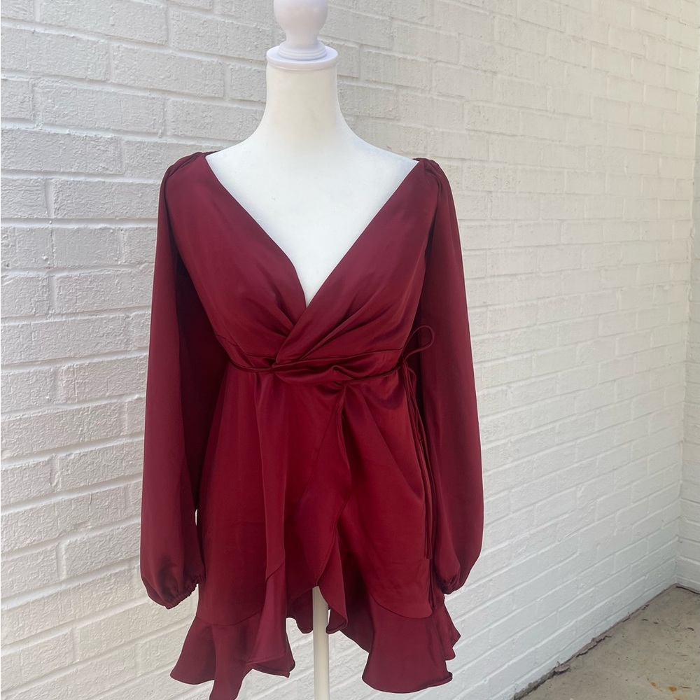 Lulu's Burgundy Long Sleeve Wrap Dress